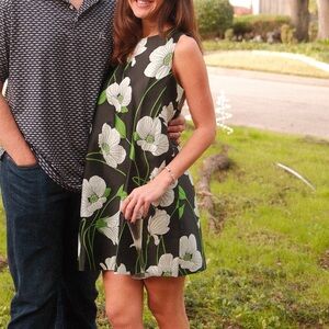 Tuckernuck Black Midi Dress with White Floral and Green Leaves
